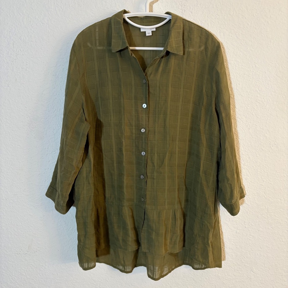 J. Jill Lightweight Button-Down Tunic Size M Olive Green Windowpane Check Cotton